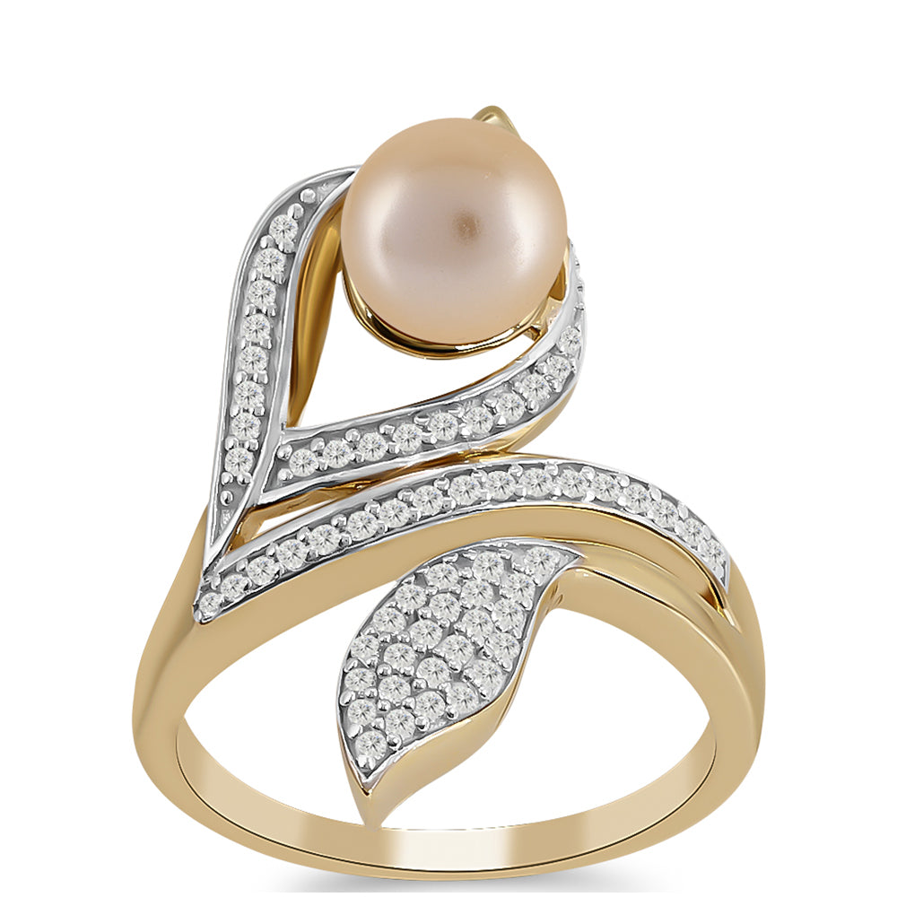 Anel de Prata com Banho de Ouro com Pérola de Água Doce Dourada e Topázio Branco Contraste: Cabeca de Veado (800)