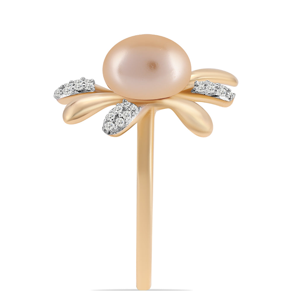 Anel de Prata com Banho de Ouro com Pérola de Água Doce Dourada e Topázio Branco Contraste: Cabeca de Veado (800)