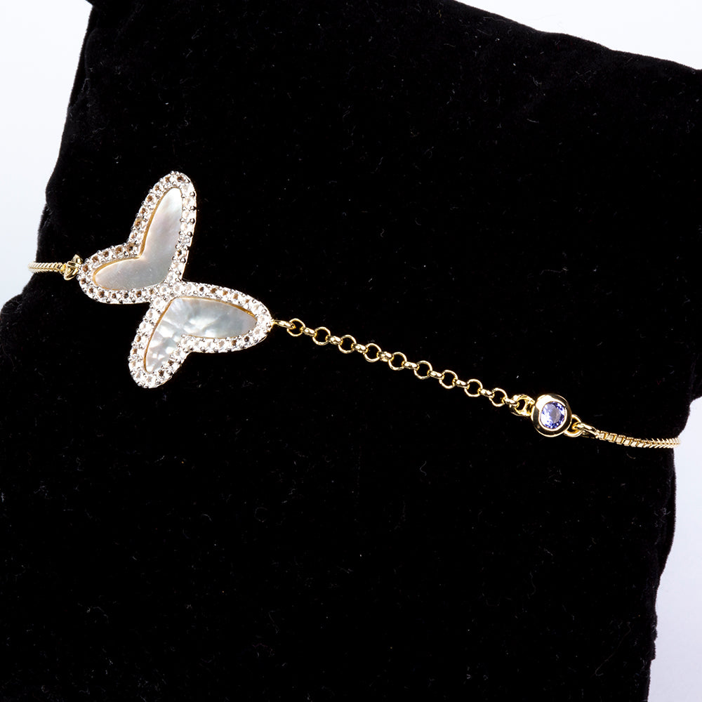 Pulseira de Prata com Banho de Ouro com Tanzanite AAA e Mãe de Pérola Contraste: Cabeca de Veado (800)