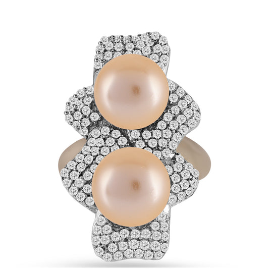 Anel de Prata com Banho de Ouro com Pérola de Água Doce Dourada e Topázio Branco Contraste: Cabeca de Veado (800)