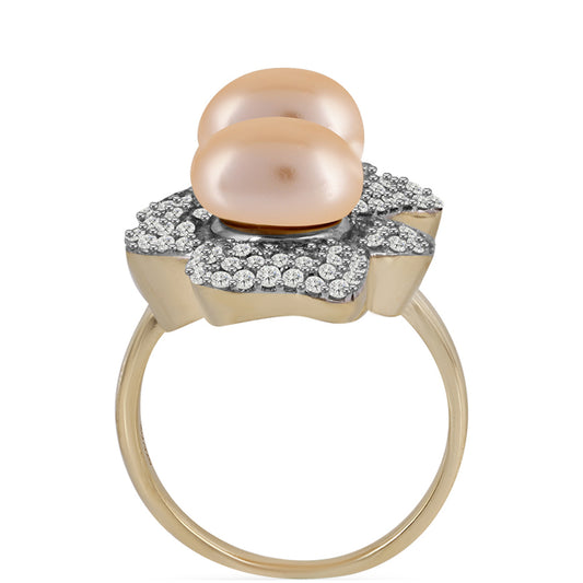 Anel de Prata com Banho de Ouro com Pérola de Água Doce Dourada e Topázio Branco Contraste: Cabeca de Veado (800)