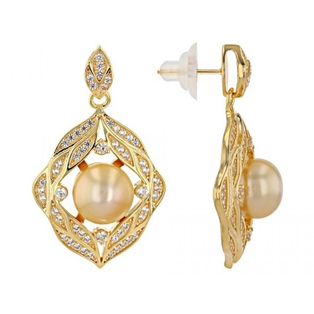 Brincos de Prata com Banho de Ouro com Pérola de Água Doce Dourada e Topázio Branco Contraste: Cabeca de Veado (800)