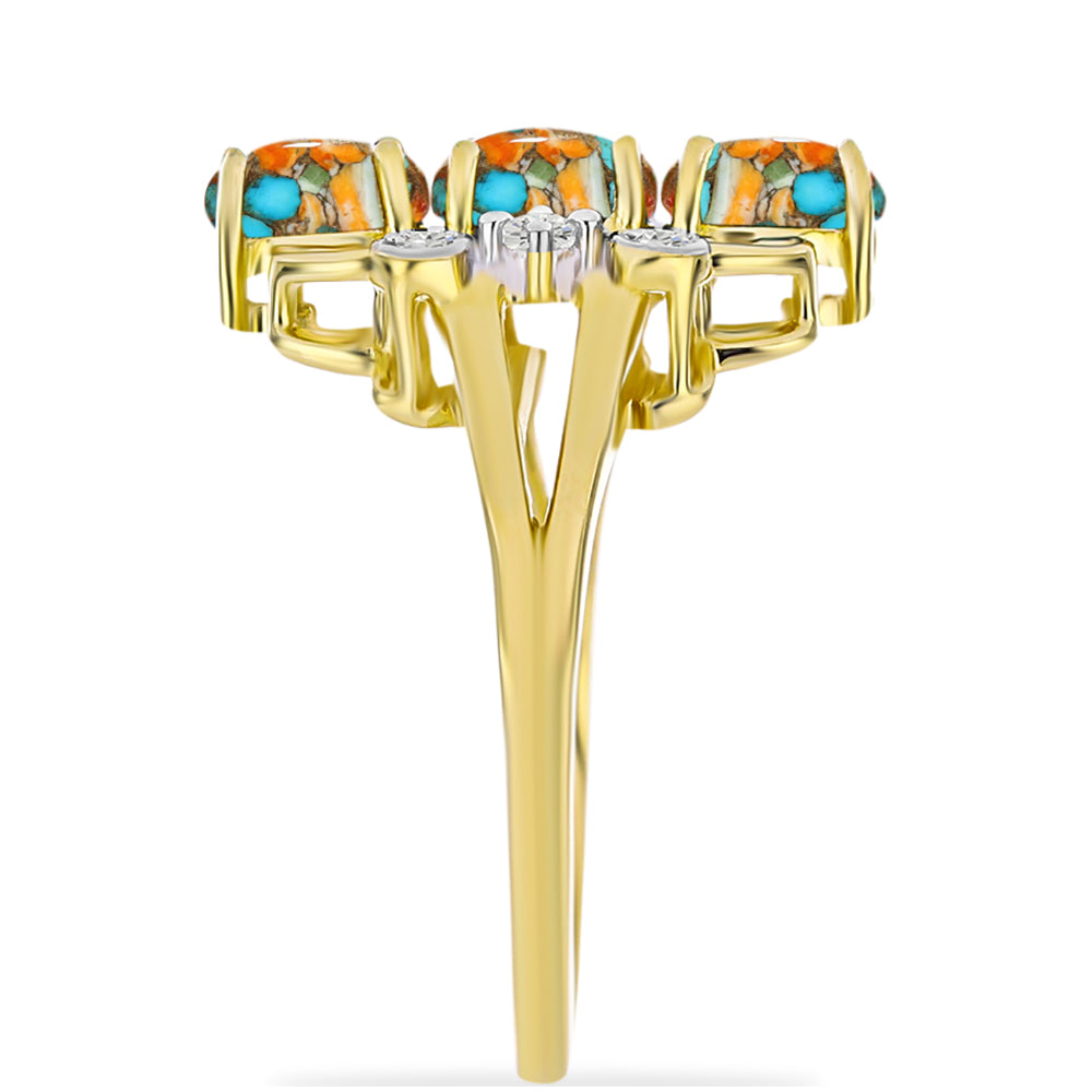 Anel de Prata com Banho de Ouro com Ostra Turquesa e Topázio Branco Contraste: Cabeca de Veado (800)