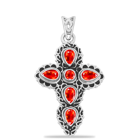 Cruz Pendente de Prata com Opala Vermelha da Etiópia de Lega Dembi Contraste: Cabeca de Veado (800)