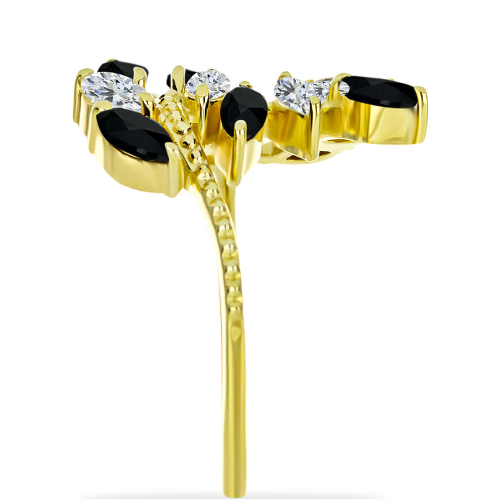 Anel de Prata com Banho de Ouro com Ónix Preta e Topázio Branco Contraste: Cabeca de Veado (800)