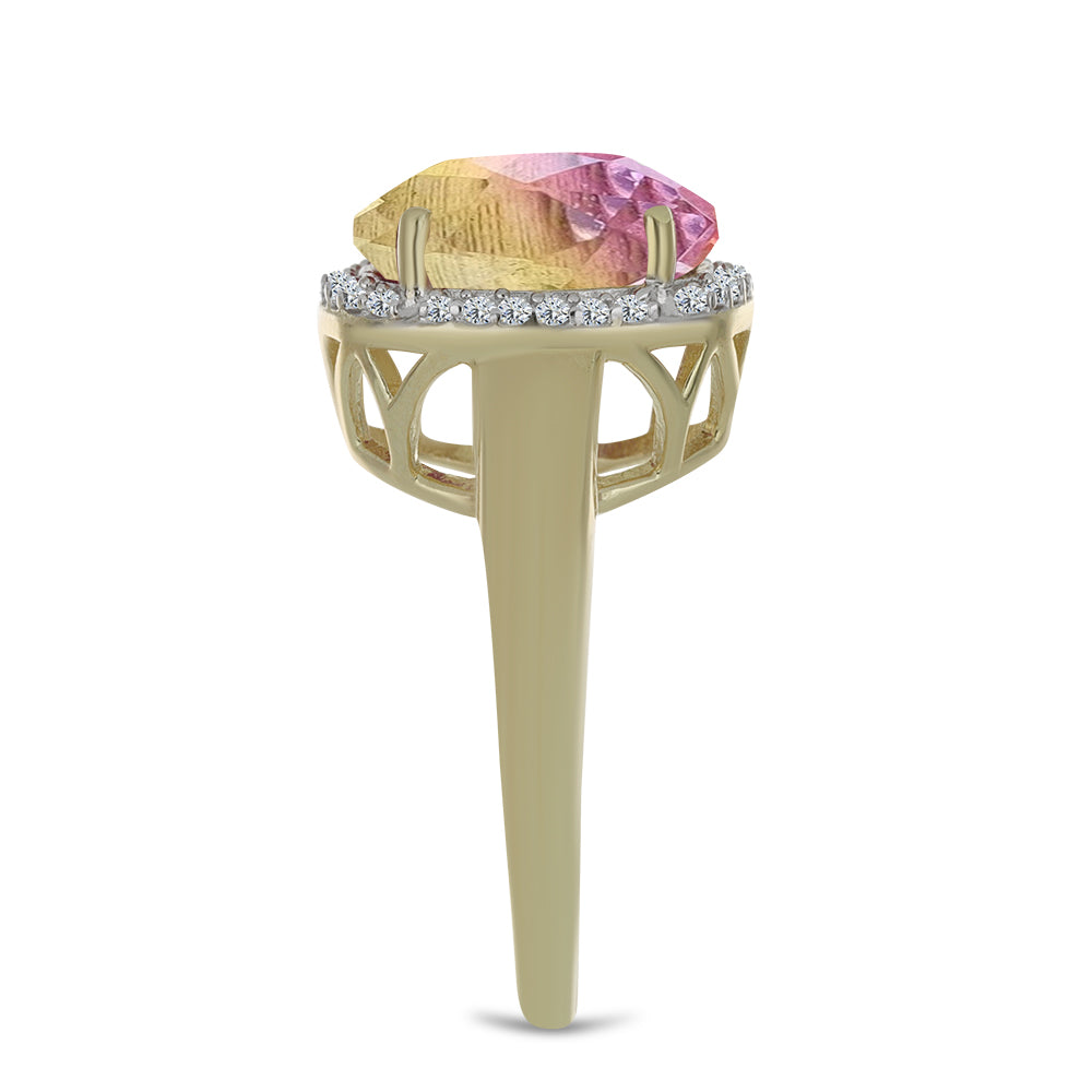 Anel de Prata com Banho de Ouro com Fluorite púrpura e Topázio Branco Contraste: Cabeca de Veado (800)