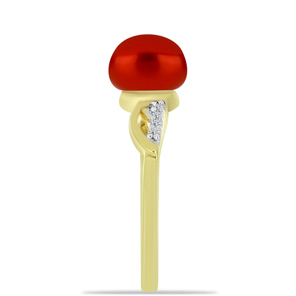 Anel de Prata com Banho de Ouro com Pérola Vermelha de Água Doce e Topázio Branco