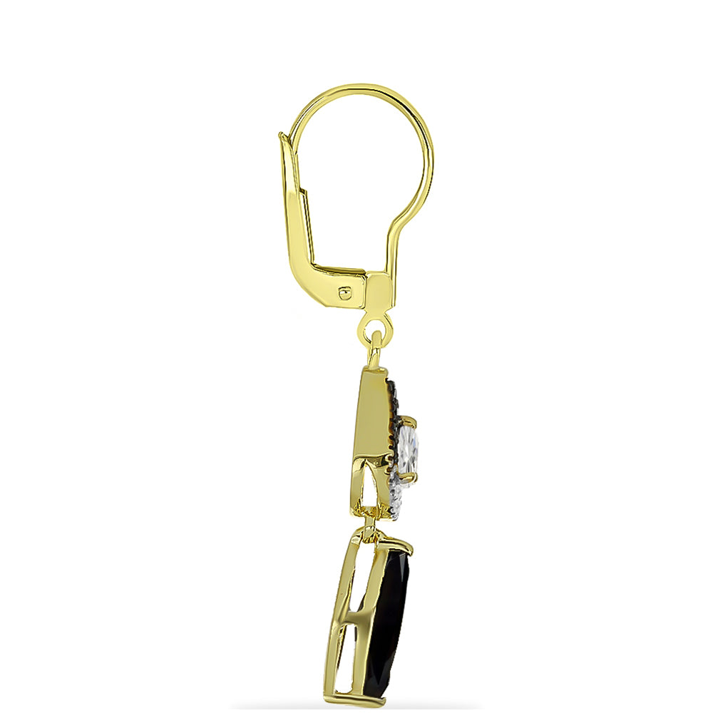 Brincos de Prata com Banho de Ouro com Ónix Preta e Topázio Branco