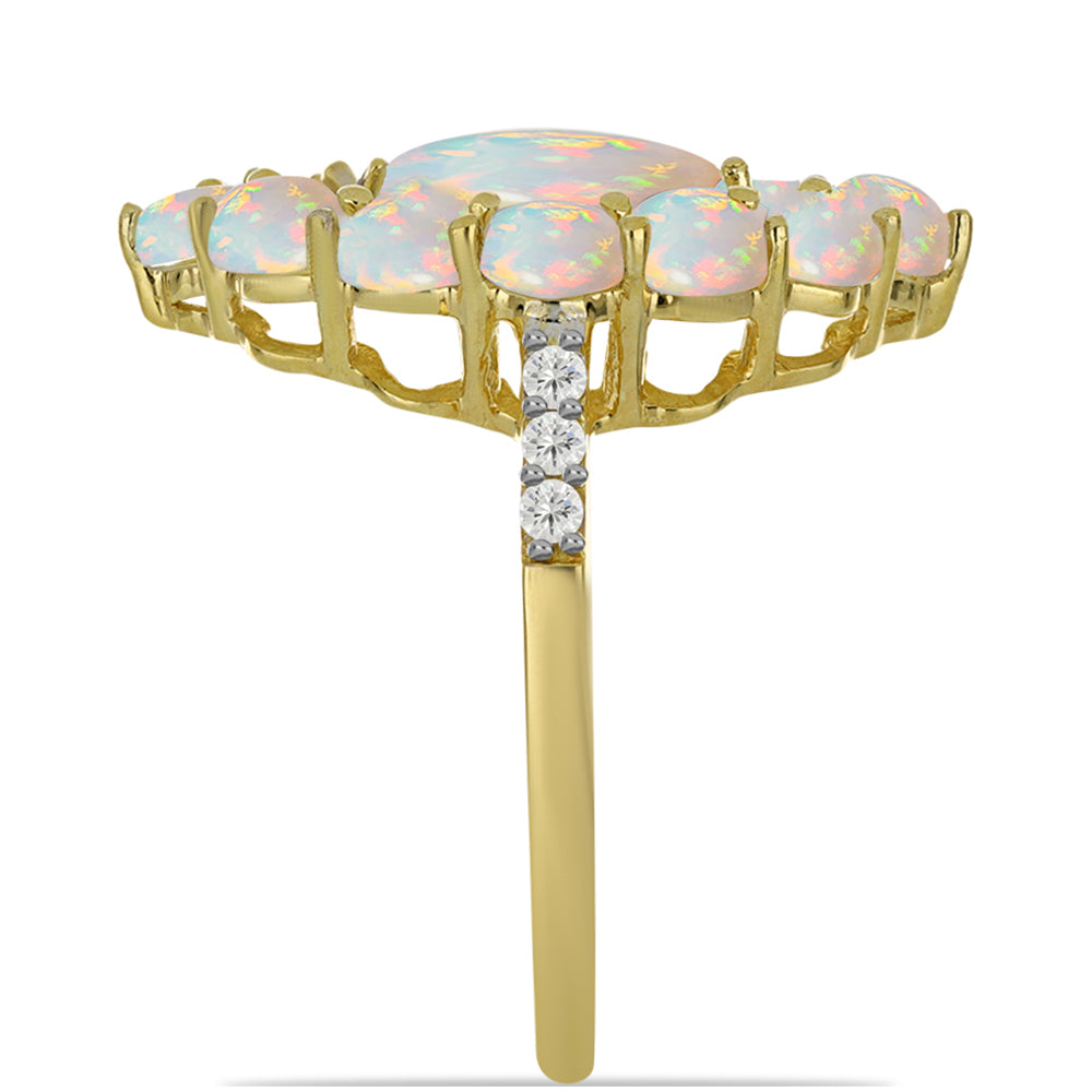 Anel de Prata com Banho de Ouro com Opala Welo e Topázio Branco Contraste: Cabeca de Veado (800)