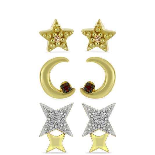 Conjunto de Prata com Banho de Ouro com Diamante Champanhe e Diamante Branco ( Brincos ) Contraste: Cabeca de Veado (800)