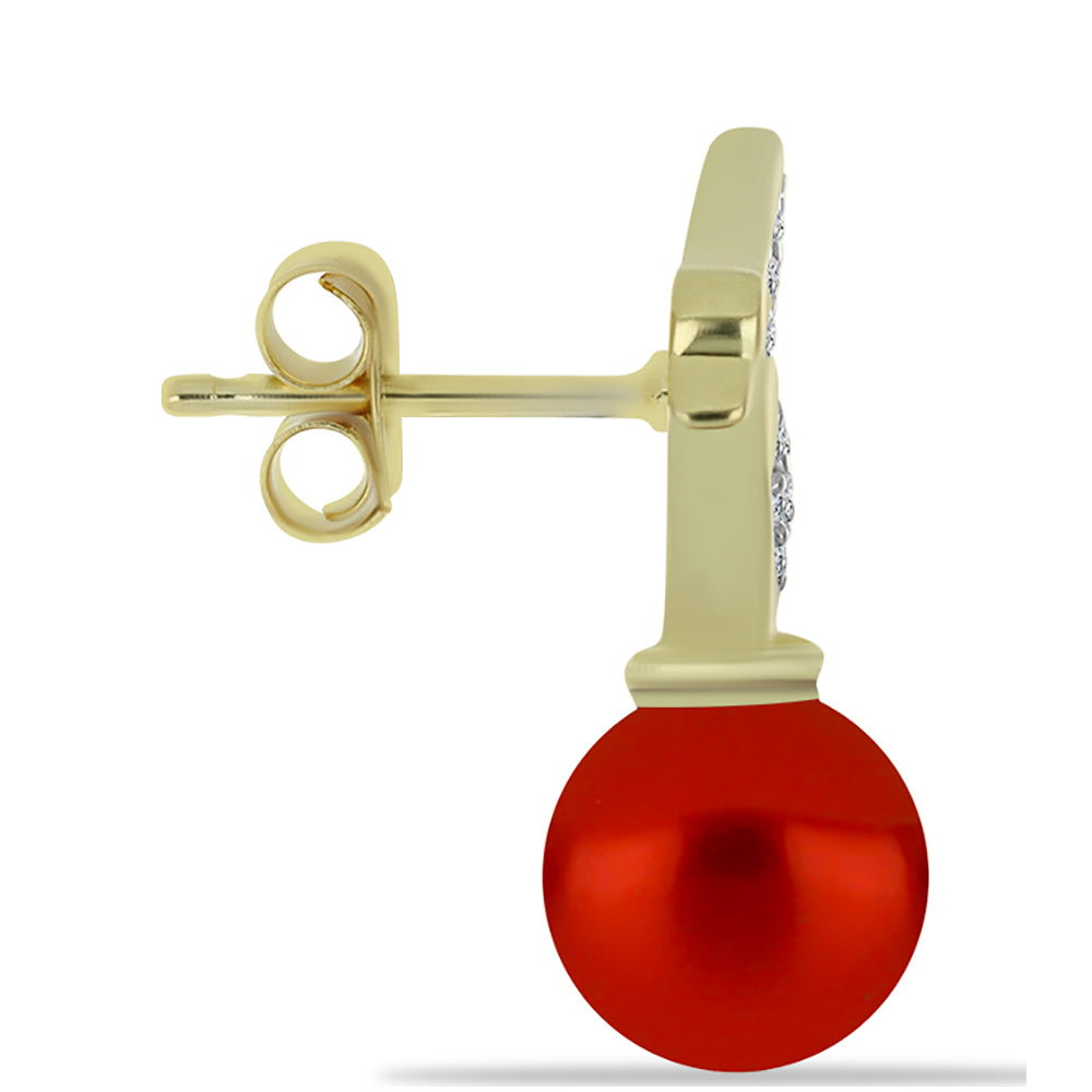 Brincos de Prata com Banho de Ouro com Pérola Vermelha de Água Doce e Topázio Branco