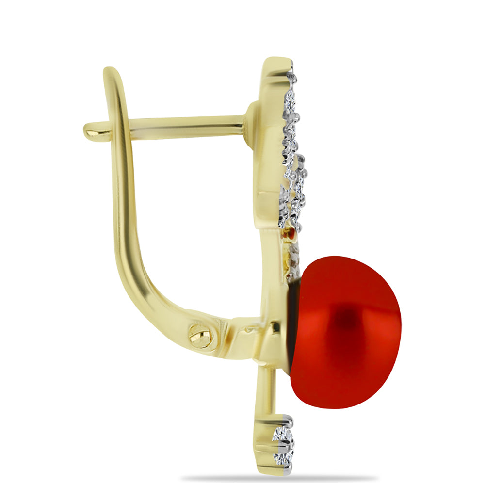 Brincos de Prata com Banho de Ouro com Pérola Vermelha de Água Doce e Topázio Branco