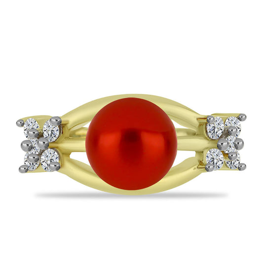 Anel de Prata com Banho de Ouro com Pérola Vermelha de Água Doce e Topázio Branco Contraste: Cabeca de Veado (800)