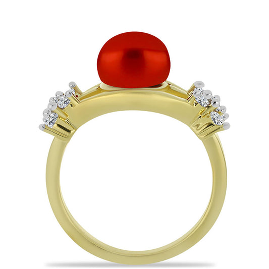 Anel de Prata com Banho de Ouro com Pérola Vermelha de Água Doce e Topázio Branco Contraste: Cabeca de Veado (800)