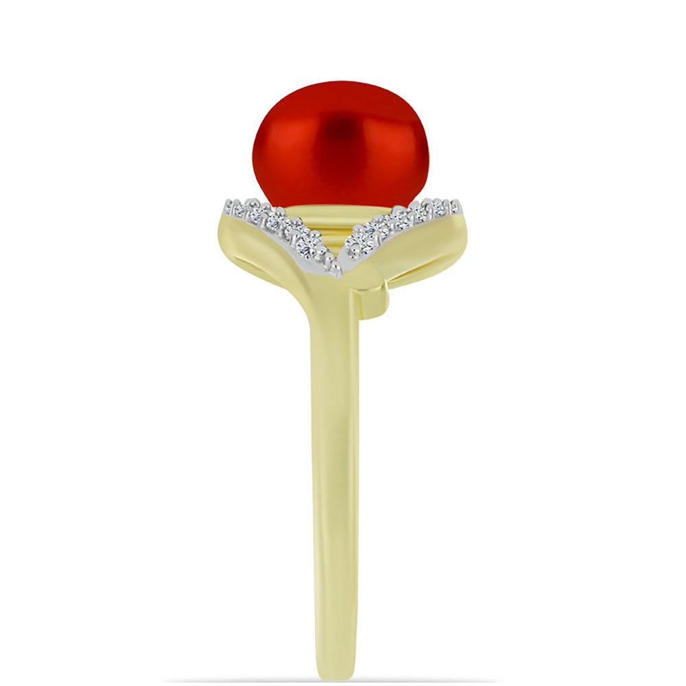 Anel de Prata com Banho de Ouro com Pérola Vermelha de Água Doce e Topázio Branco