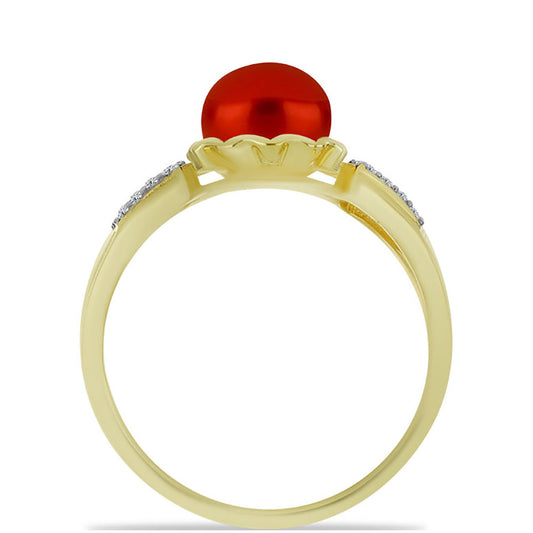 Anel de Prata com Banho de Ouro com Pérola Vermelha de Água Doce e Topázio Branco