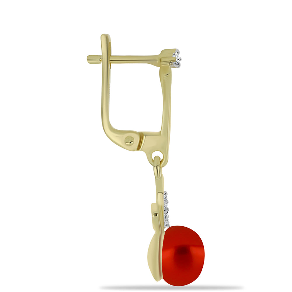 Brincos de Prata com Banho de Ouro com Pérola Vermelha de Água Doce e Topázio Branco