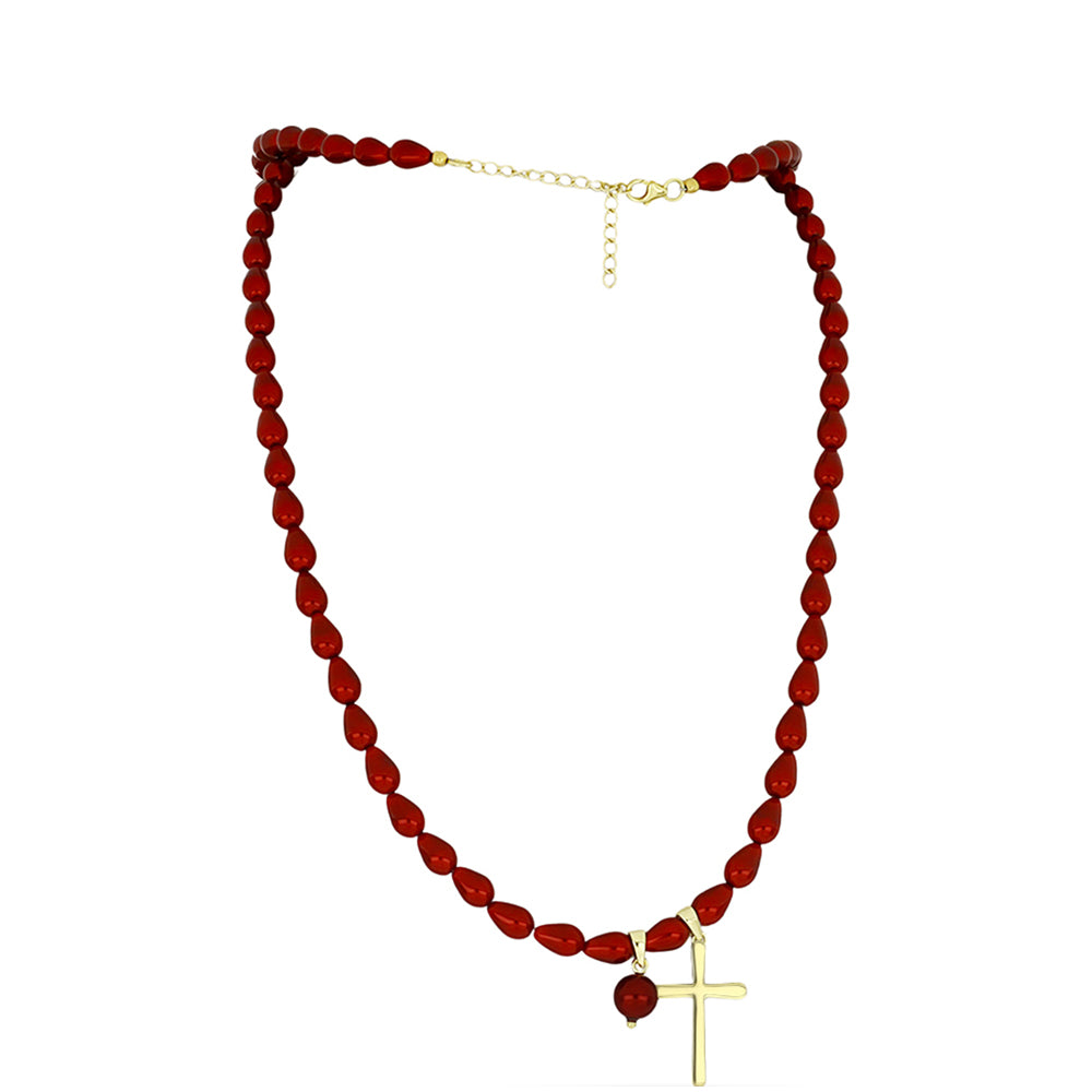 Cruz Colar de Prata com Banho de Ouro com Pérola Vermelha de Água Doce