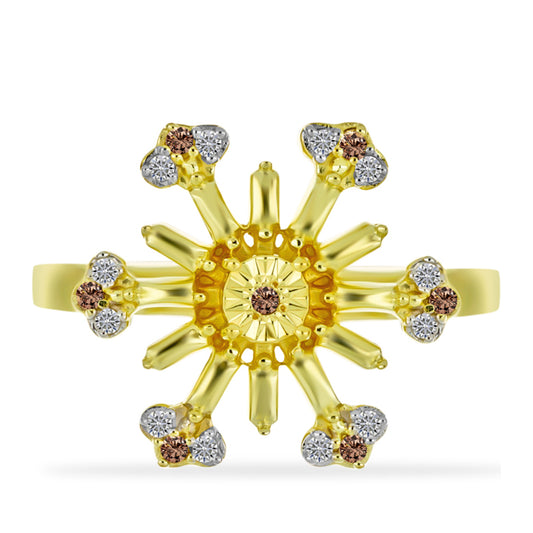 Anel de Prata com Banho de Ouro com Diamante Champanhe e Diamante Branco Contraste: Cabeca de Veado (800)