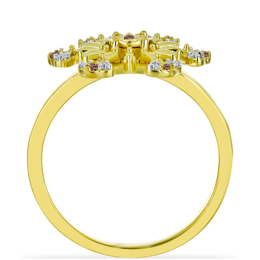 Anel de Prata com Banho de Ouro com Diamante Champanhe e Diamante Branco Contraste: Cabeca de Veado (800)