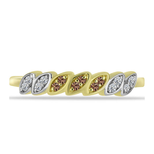 Anel de Prata com Banho de Ouro com Diamante Champanhe e Diamante Branco