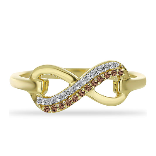 Anel de Prata com Banho de Ouro com Diamante Champanhe e Diamante Branco