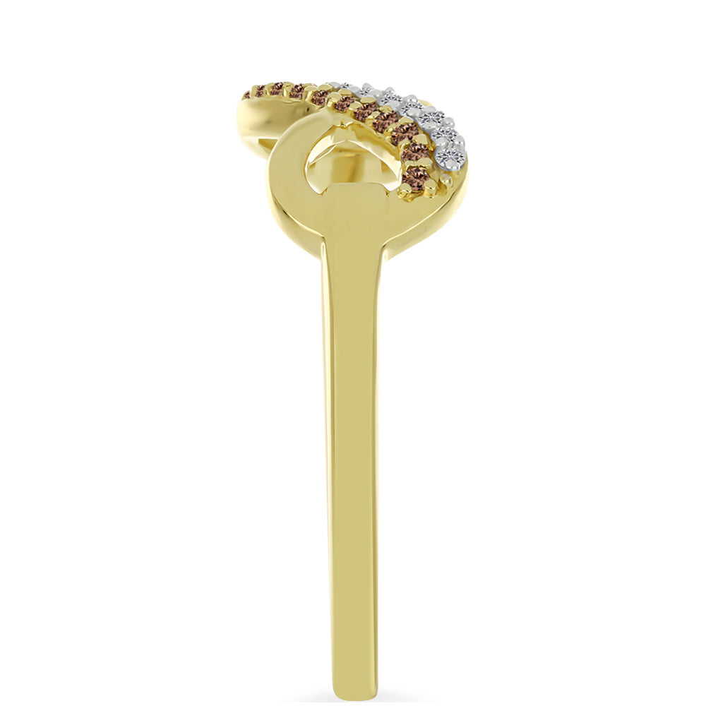 Anel de Prata com Banho de Ouro com Diamante Champanhe e Diamante Branco