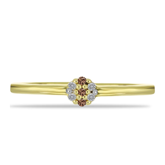 Anel de Prata com Banho de Ouro com Diamante Champanhe e Diamante Branco