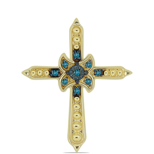 Cruz Pendente de Prata com Banho de Ouro com Diamante Azul