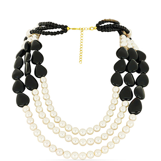 Colar de Prata com Banho de Ouro com Ónix Preta de Suwar e Pérola Branca de Água Doce