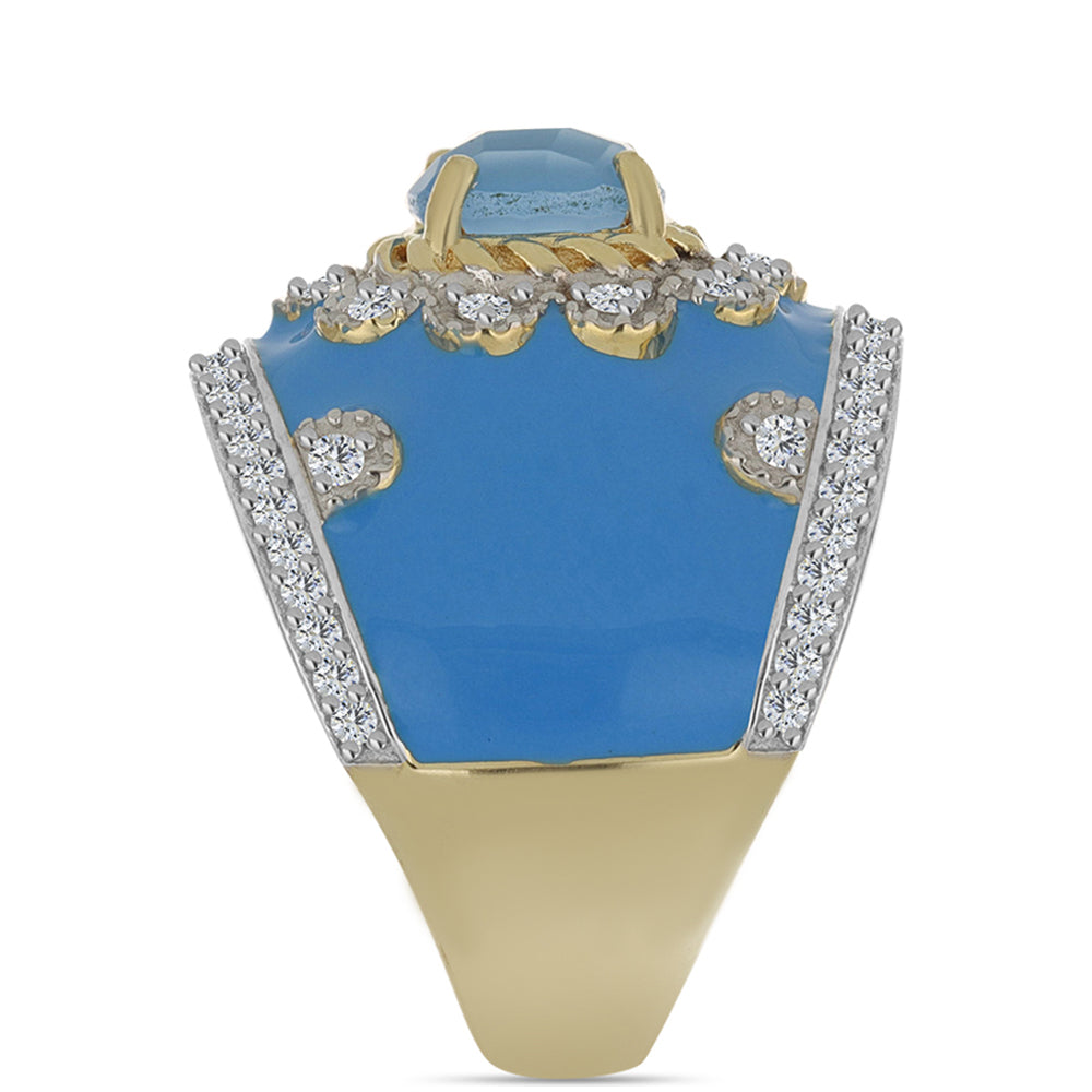 Anel de Prata com Banho de Ouro com Calcedônia Aqua e Topázio Branco Contraste: Cabeca de Veado (800)
