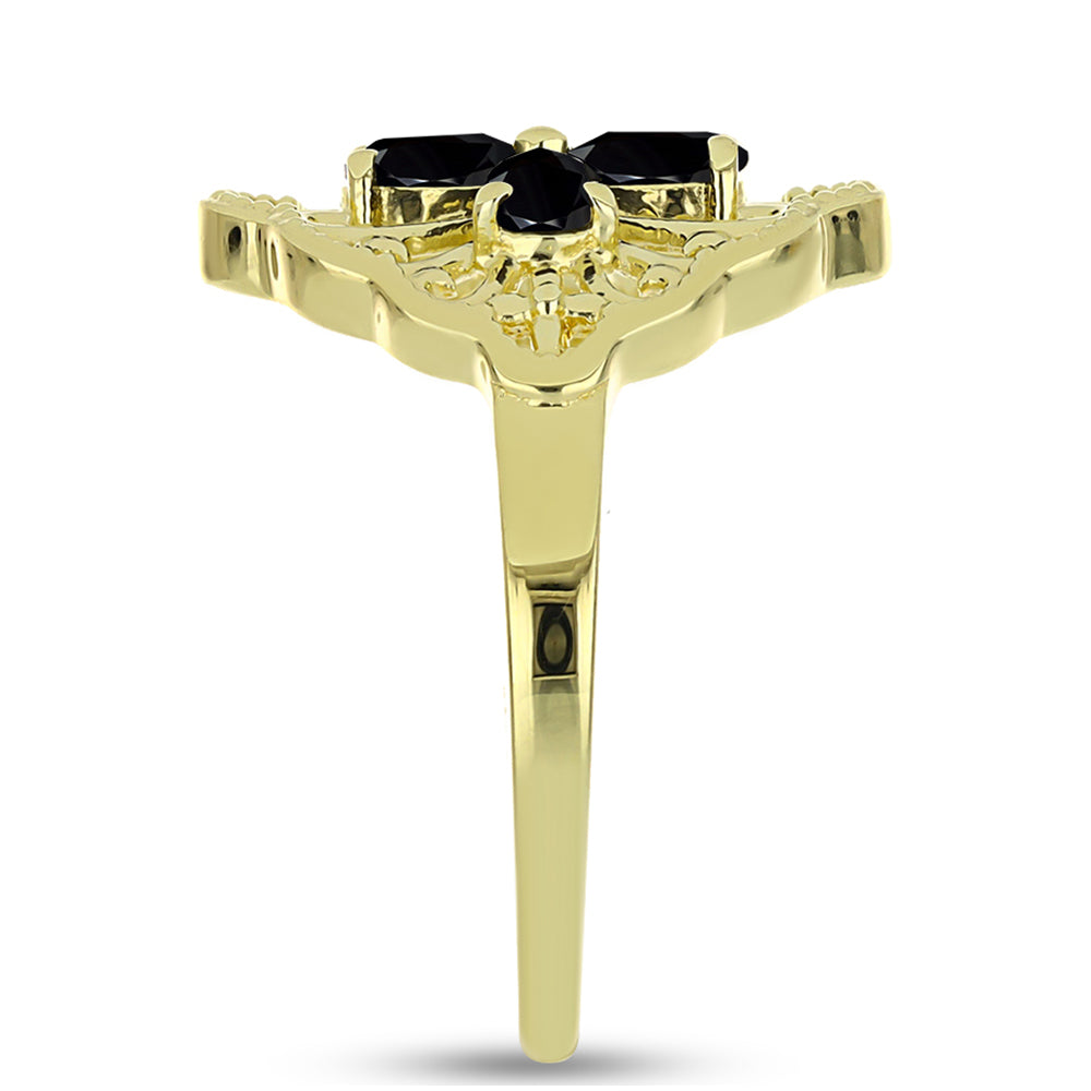 Anel de Prata com Banho de Ouro com Espinela Preta Contraste: Cabeca de Veado (800)