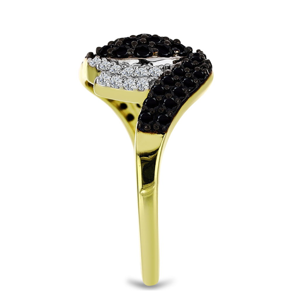 Anel de Prata com Banho de Ouro com Espinela Preta e Topázio Branco Contraste: Cabeca de Veado (800)