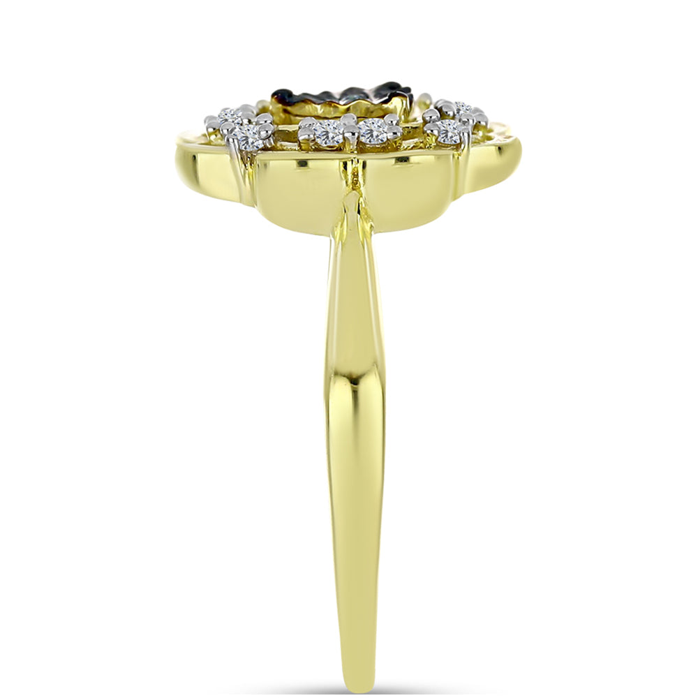 Anel de Prata com Banho de Ouro com Diamante Azul e Topázio Branco Contraste: Cabeca de Veado (800)