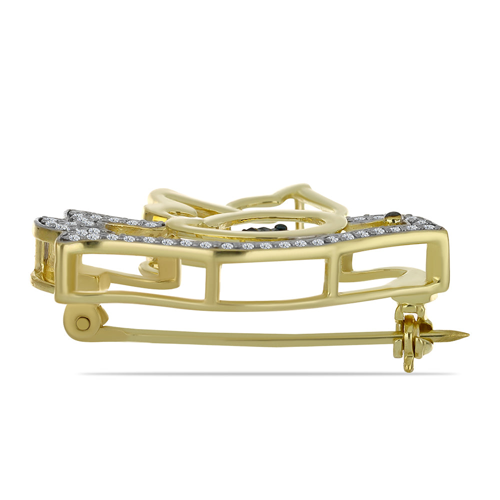 Alfinete de Prata com Banho de Ouro com Diamante Azul e Topázio Branco Contraste: Cabeca de Veado (800)