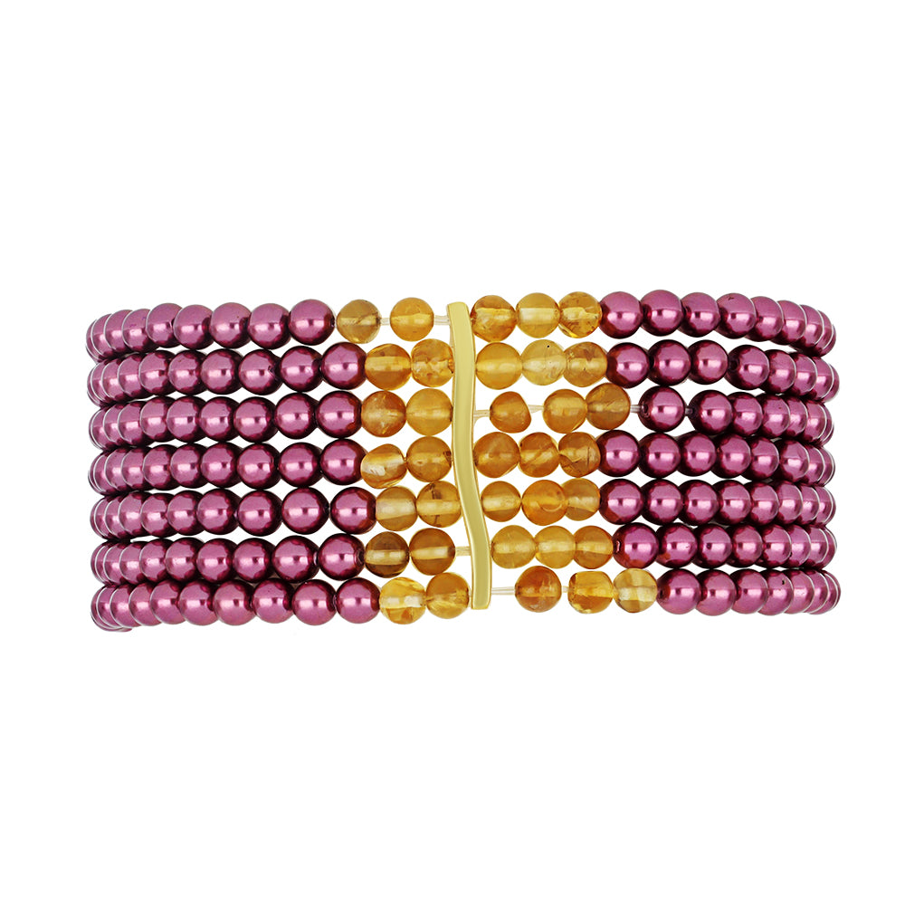 Pulseira de Prata com Banho de Ouro com Pérola de Água Doce Roxo e Citrino de Ural