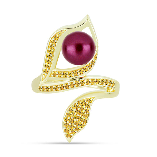 Anel de Prata com Banho de Ouro com Pérola de Água Doce Roxo e Citrino de Ural Contraste: Cabeca de Veado (800)