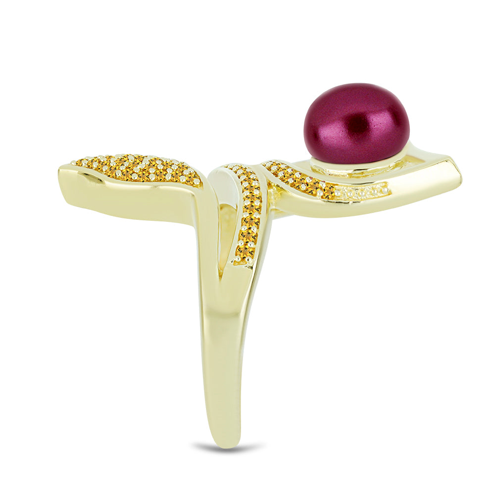 Anel de Prata com Banho de Ouro com Pérola de Água Doce Roxo e Citrino de Ural Contraste: Cabeca de Veado (800)