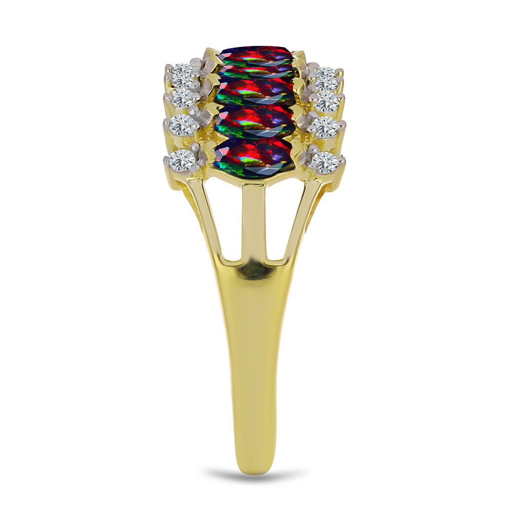 Anel de Prata com Banho de Ouro com Opala Preta de Lega Dembi da Etiópia e Topázio Branco Contraste: Cabeca de Veado (800)