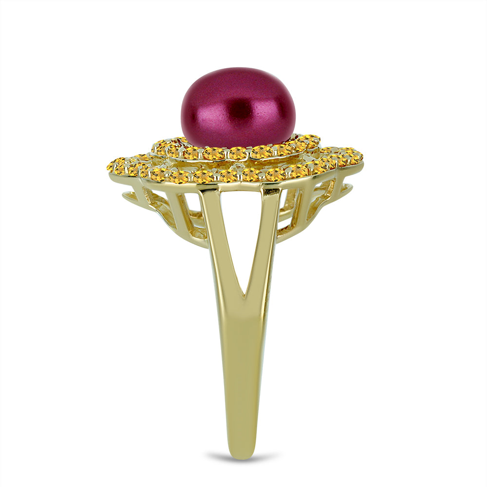 Anel de Prata com Banho de Ouro com Pérola de Água Doce Roxo e Citrino de Ural Contraste: Cabeca de Veado (800)