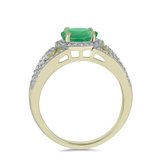 Anel de Prata com Banho de Ouro com Esmeralda do Brasil e Topázio Branco Contraste: Cabeca de Veado (800)