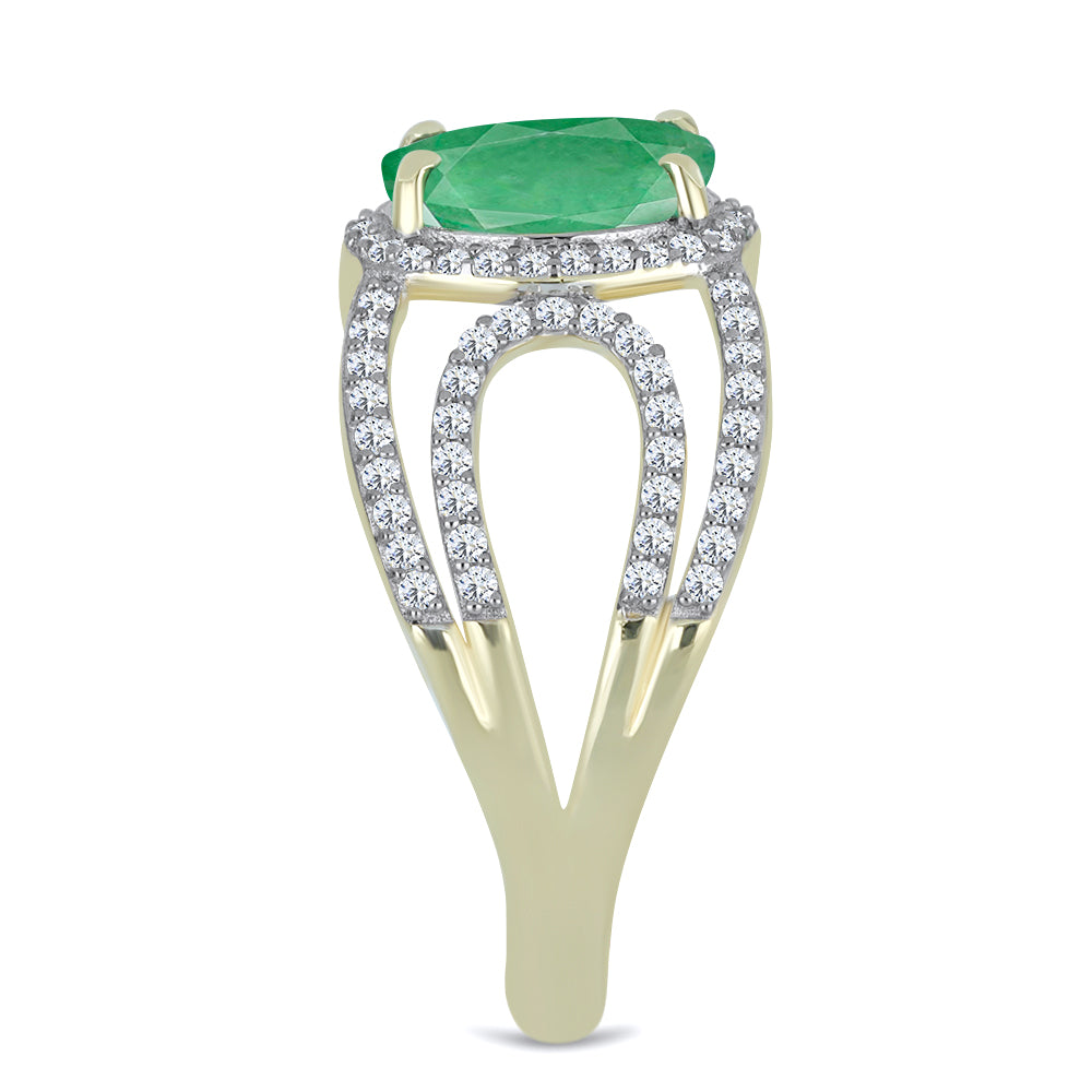 Anel de Prata com Banho de Ouro com Esmeralda do Brasil e Topázio Branco Contraste: Cabeca de Veado (800)