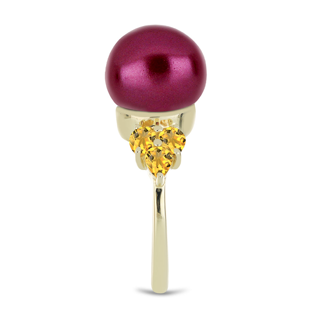 Anel de Prata com Banho de Ouro com Pérola de Água Doce Roxo e Citrino de Ural Contraste: Cabeca de Veado (800)