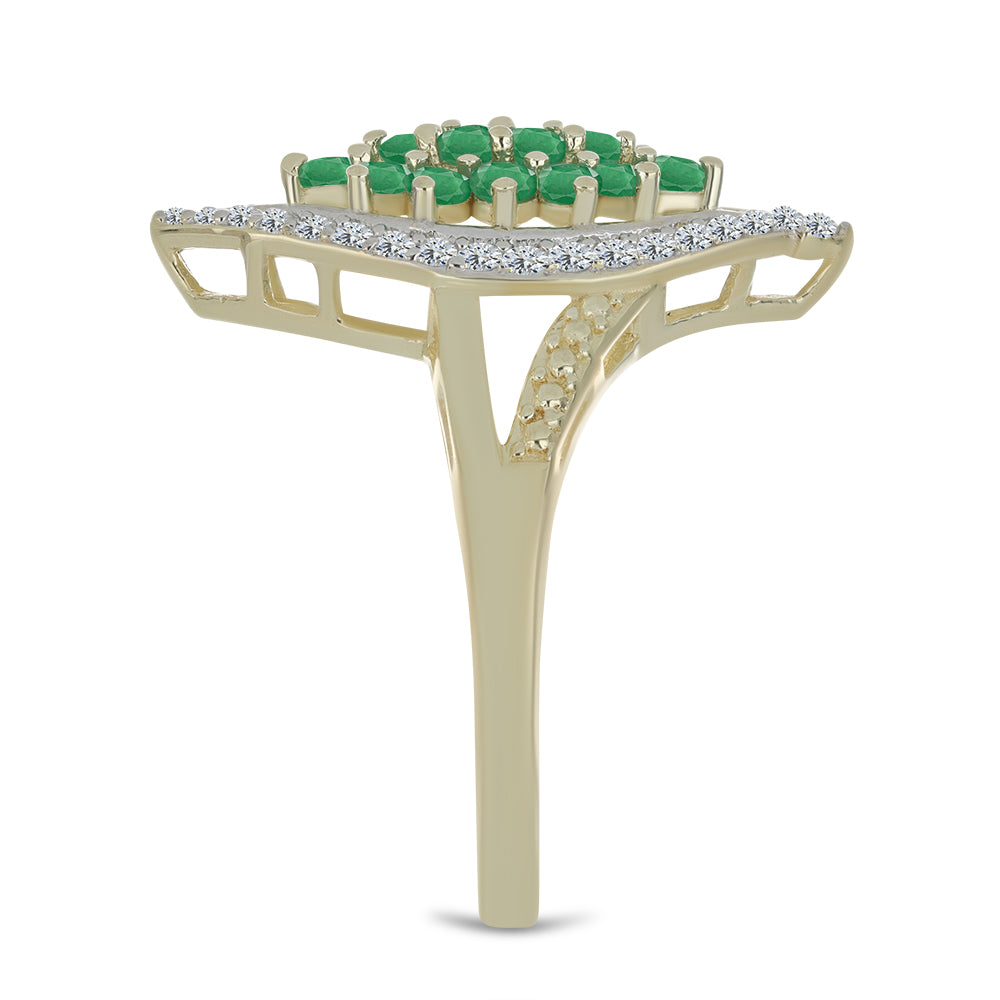 Anel de Prata com Banho de Ouro com Esmeralda do Brasil e Topázio Branco Contraste: Cabeca de Veado (800)