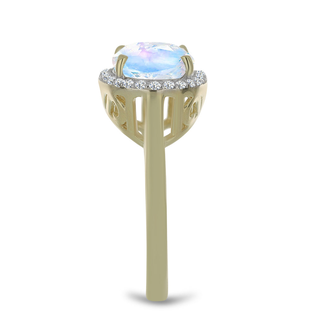 Anel de Prata com Banho de Ouro com Pedra da Lua Arco-íris e Topázio Branco Contraste: Cabeca de Veado (800)