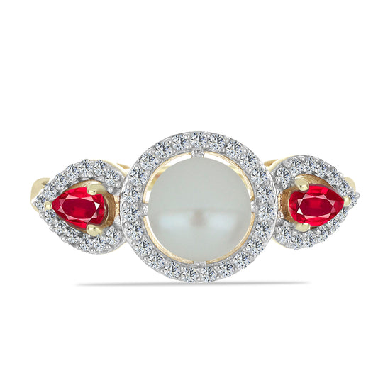Anel de Prata com Banho de Ouro com Pérola Branca de Água Doce e Rubi de Madagáscar Contraste: Cabeca de Veado (800)