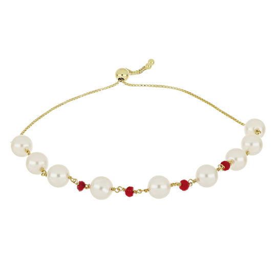 Pulseira de Prata com Banho de Ouro com Pérola Branca de Água Doce e Rubi de Madagáscar
