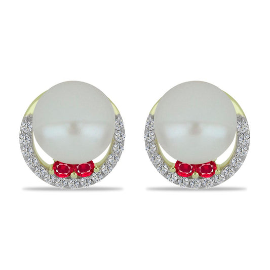 Brincos de Prata com Banho de Ouro com Pérola Branca de Água Doce e Rubi de Madagáscar
