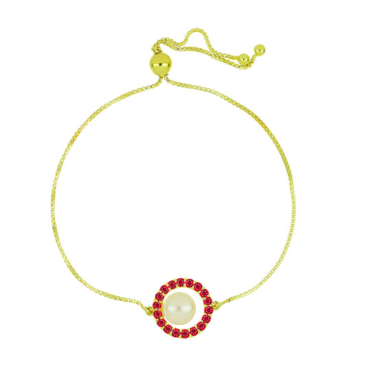 Pulseira de Prata com Banho de Ouro com Pérola Branca de Água Doce e Rubi de Madagáscar