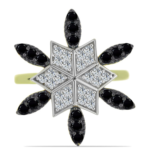 Anel de Prata com Banho de Ouro com Espinela Preta e Topázio Branco Contraste: Cabeca de Veado (800)